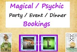 Make any dinner party or event mystical by offering psychic readings to your guests. Psychic Card Reading Parties available in Bath, Birmingham or Liverpool and worldwide. “Virtual Party Bookings, add private, one-to-one psychic readings to any event — Free Readings & Referral options, Magical / Psychic Party / Event / Dinner Bookings”, sample Lenormand cards on yellowed background